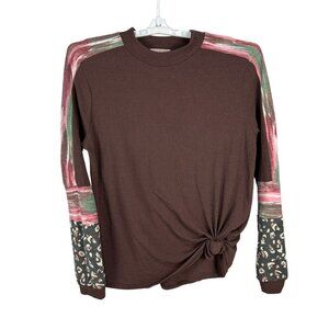 Ces Femme Womens Brown Long Sleeve Top L Tie Front Multicolor Panel Design